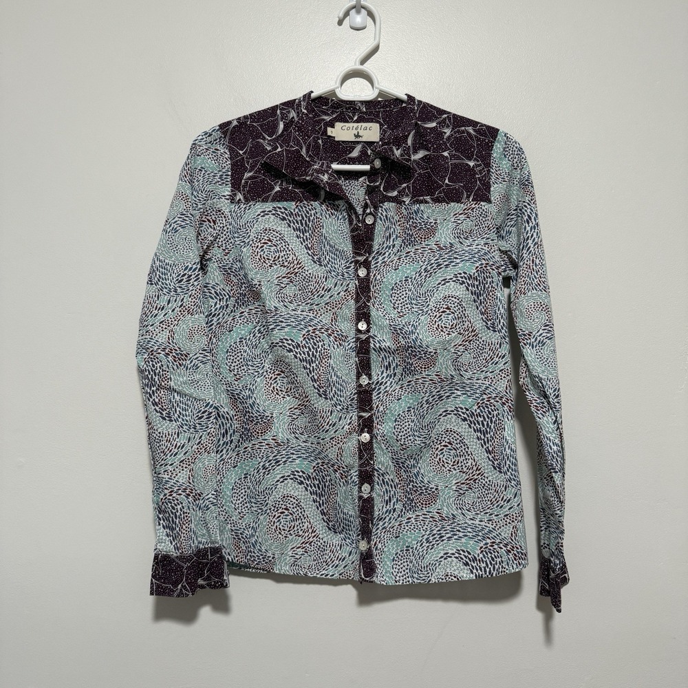 Cotelac Swirling Fish Print‎ Button Front Cotton Blouse Size 0 (4 Equivalent)